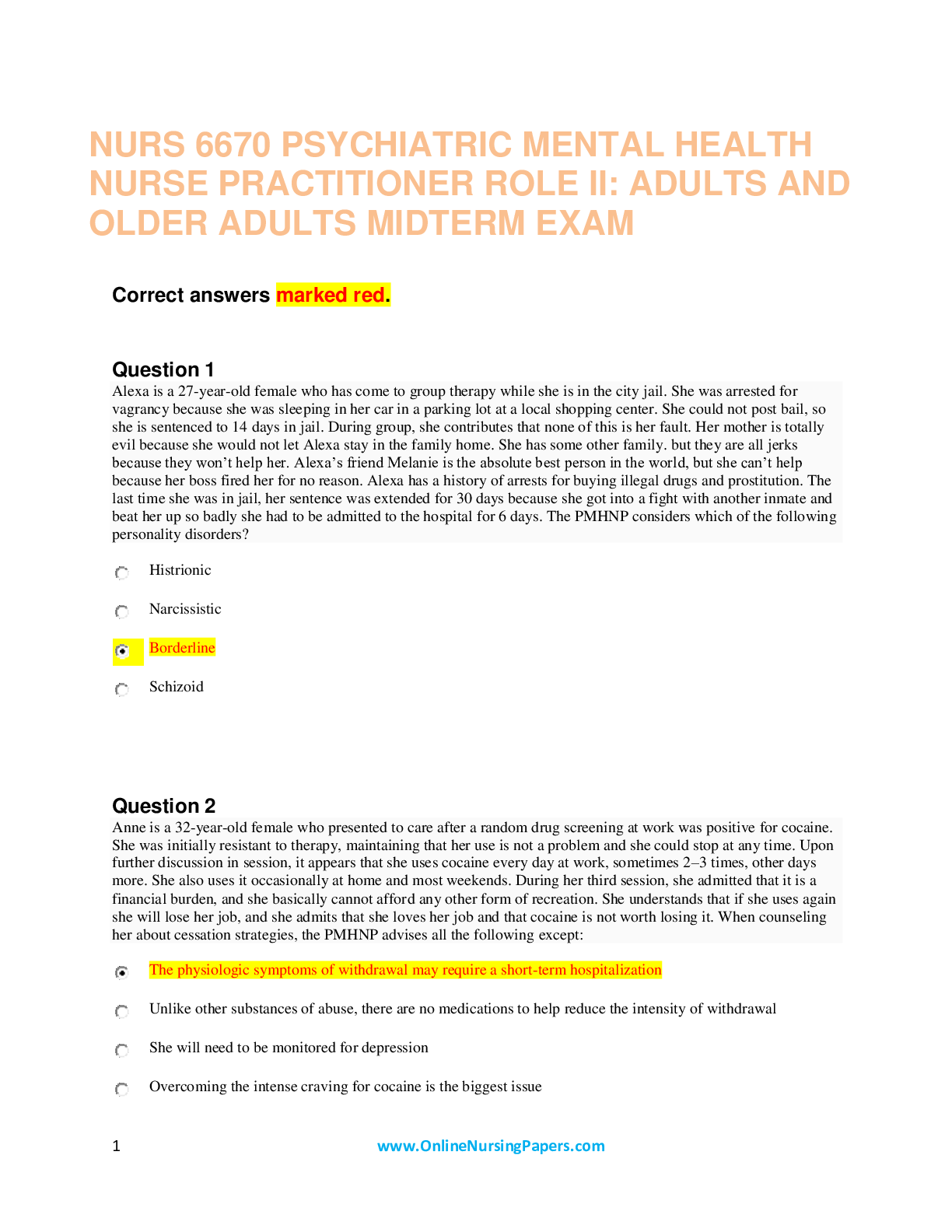 NURS 6670 PSYCHIATRIC MENTAL HEALTH NURSE PRACTITIONER ROLE II: ADULTS AND OLDER ADULTS MIDTERM EXAM 2021